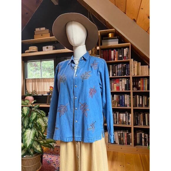 Chambray Long Sleeve Shirt Fall Leaves Embroidered - Picture 3 of 6